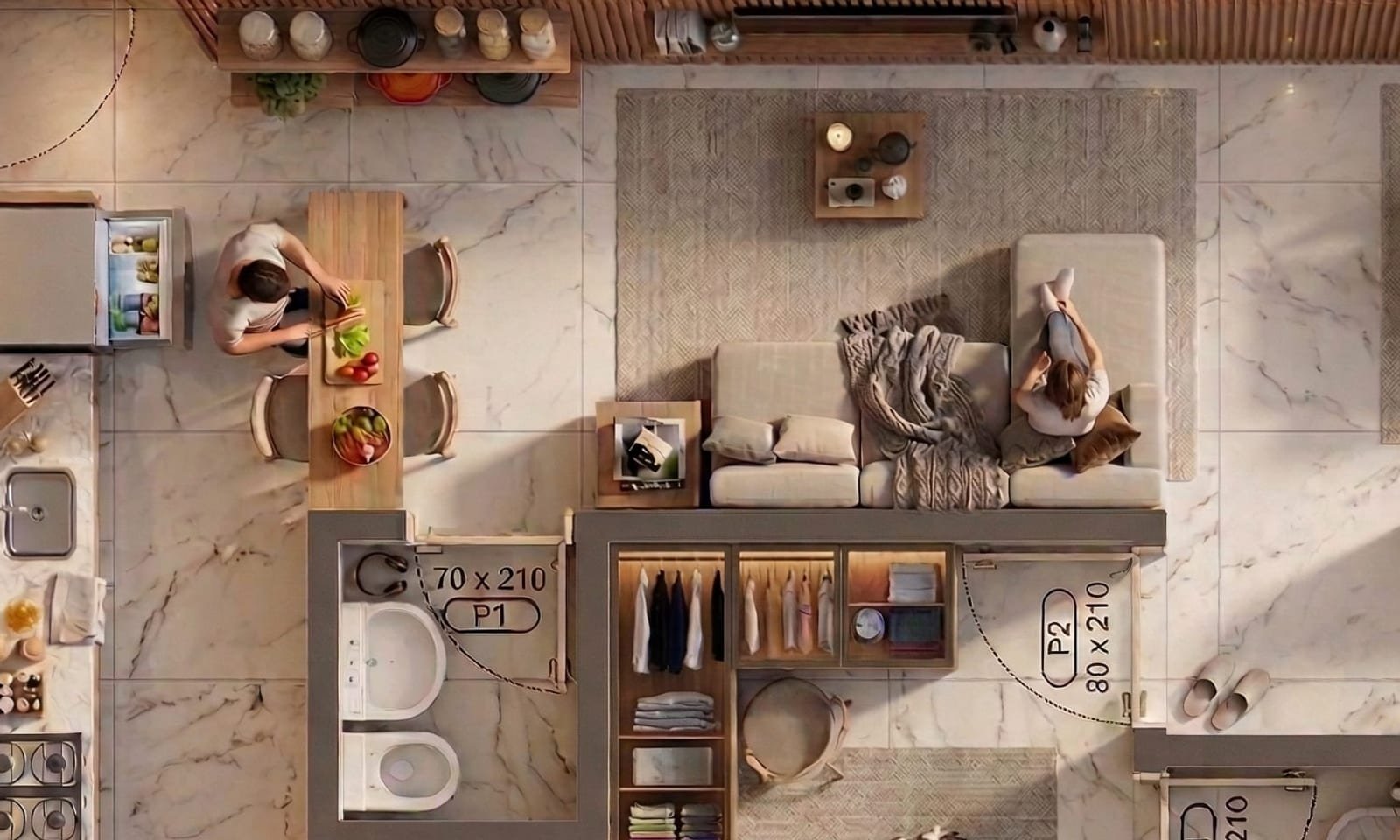 Detalhe da planta humanizada mostrando sala e cozinha com piso em porcelanato