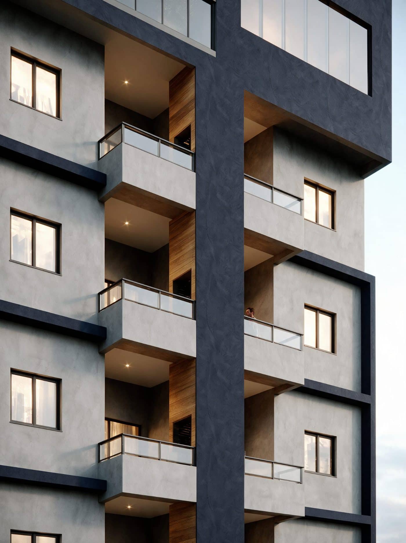 Detalhe das varandas em concreto claro e madeira