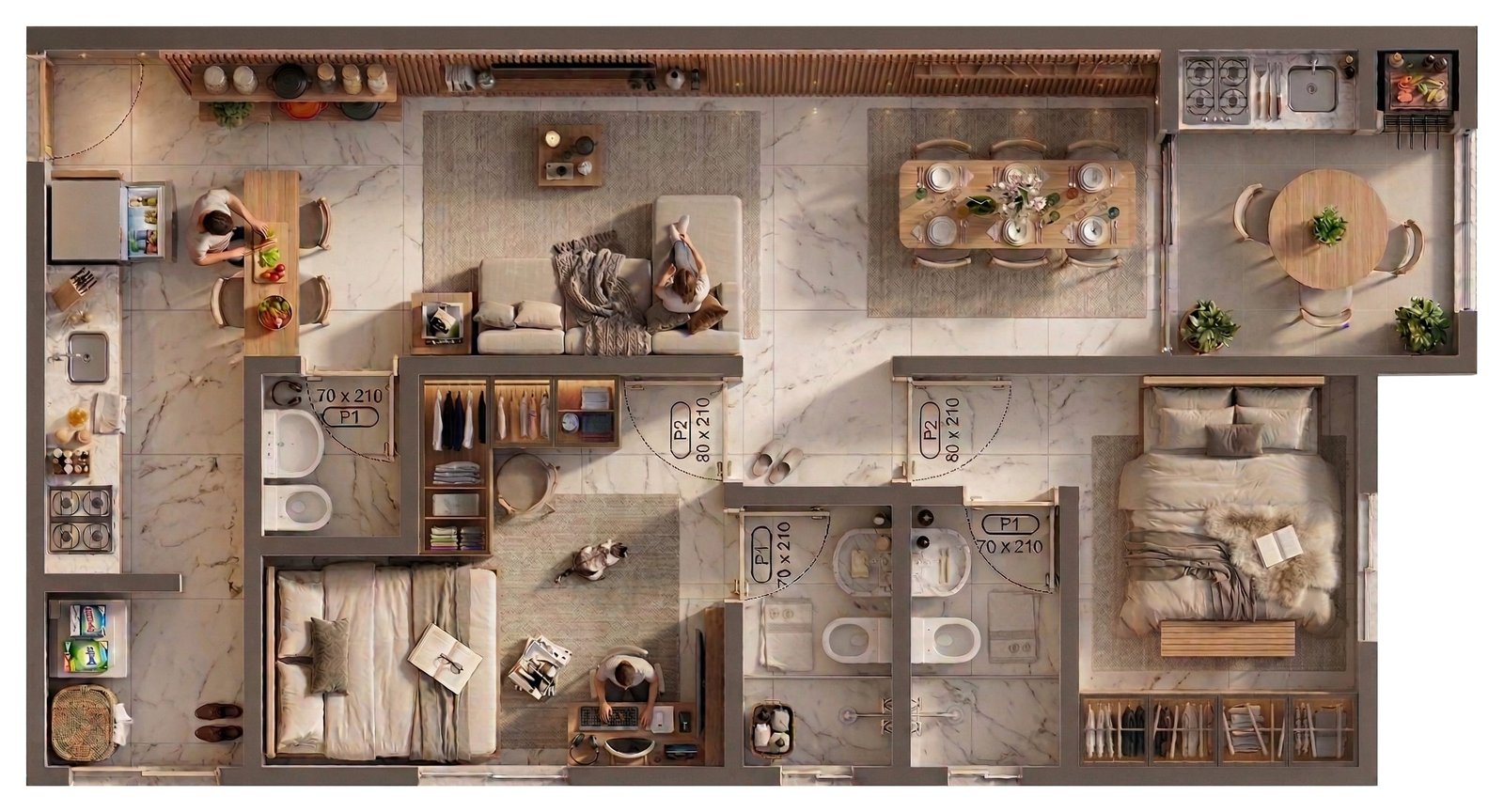 Planta humanizada do apartamento de 2 suítes com 67,26 m²